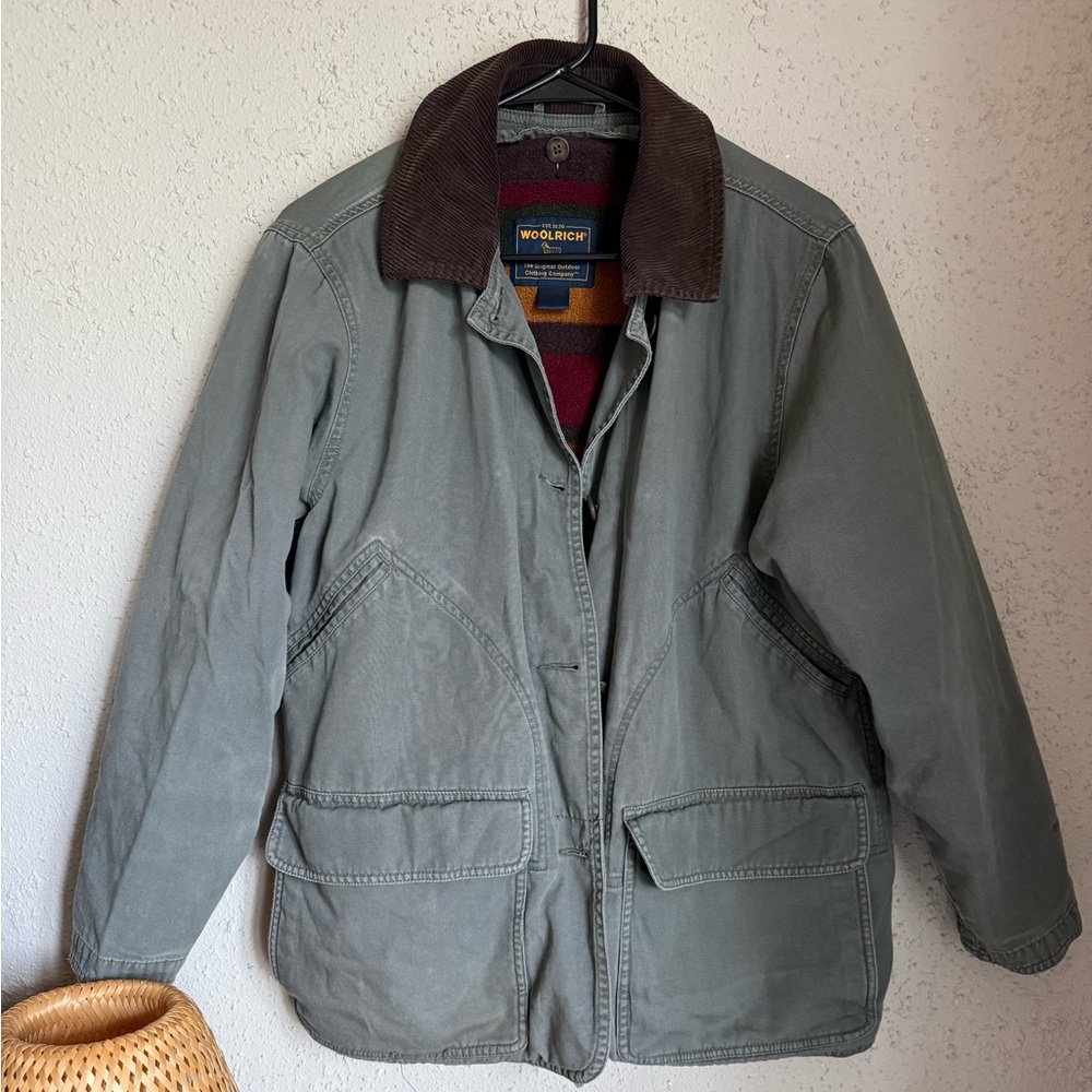 Vintage Woolrich Olive Green Chore Coat with Corduroy Collar and Removable Liner